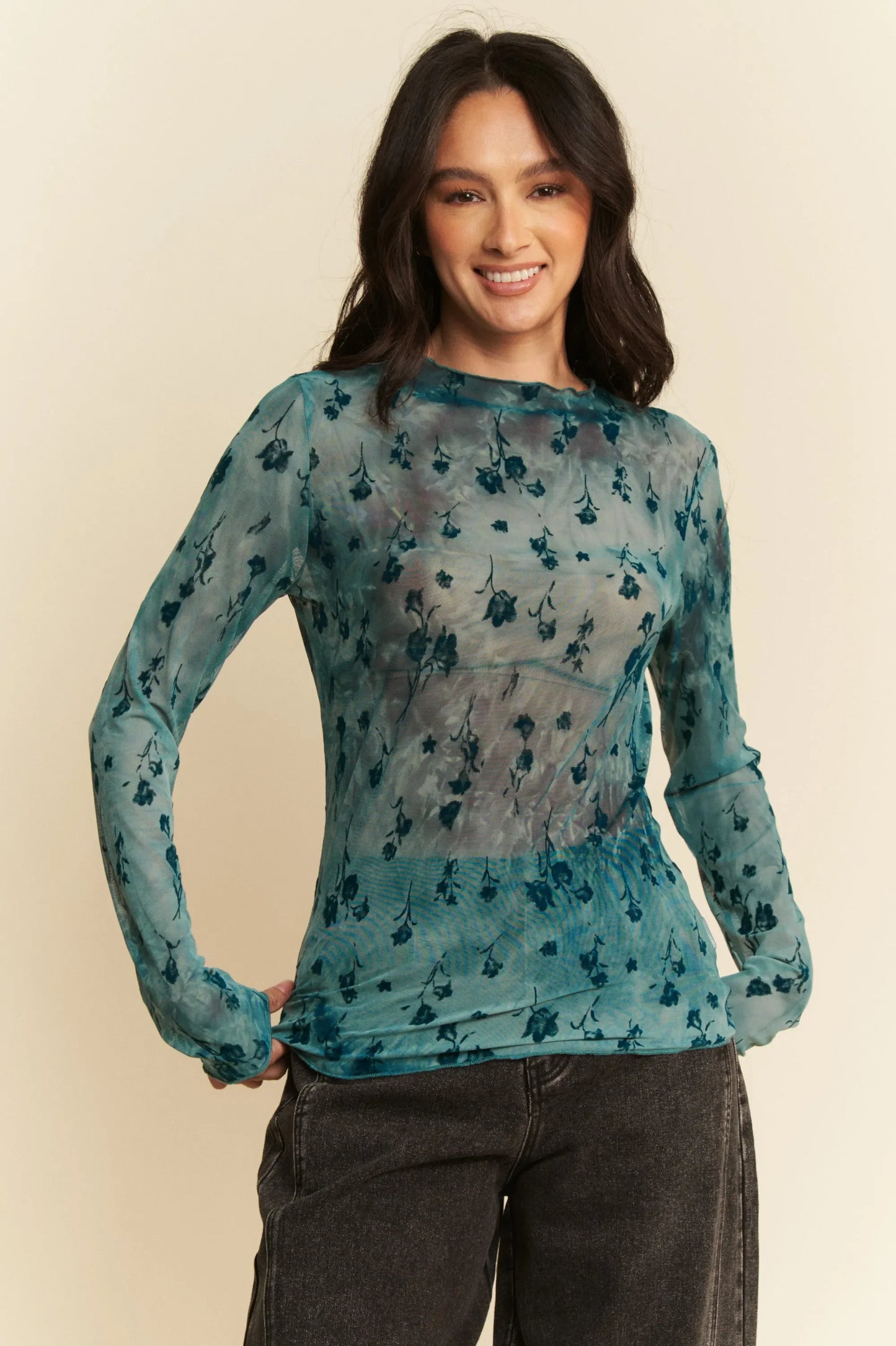 Floral Mesh Long Sleeve Sheer Layering Top - Eva's Edition