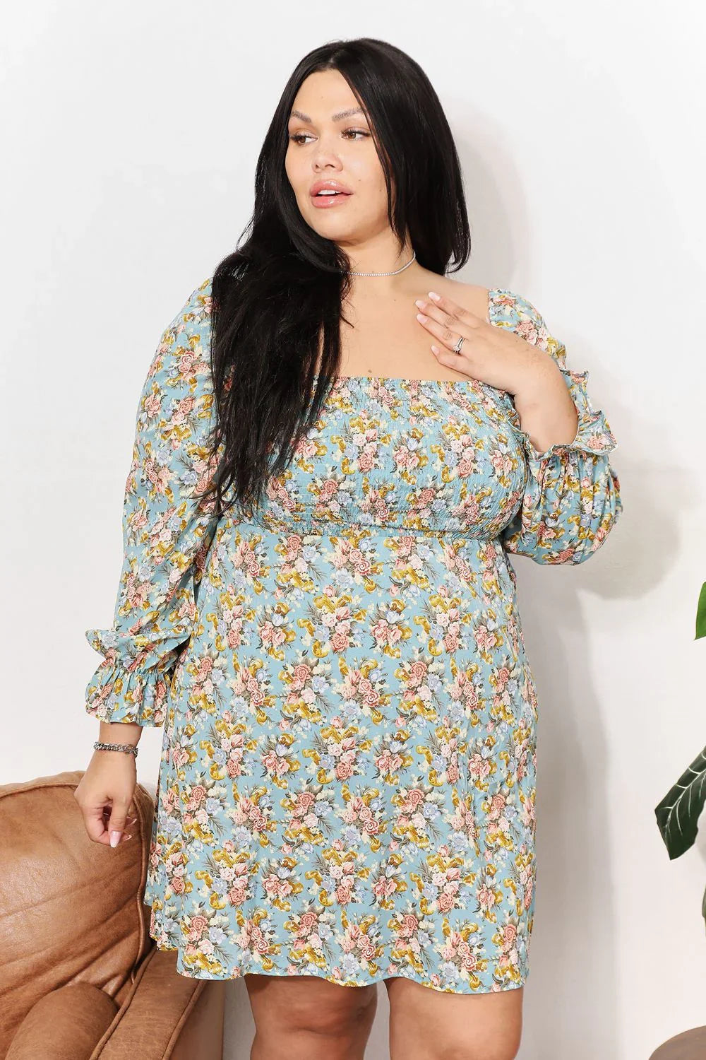 Honey Floral Smocked Flounce Sleeve Square Neck Dress - Eva's Edition