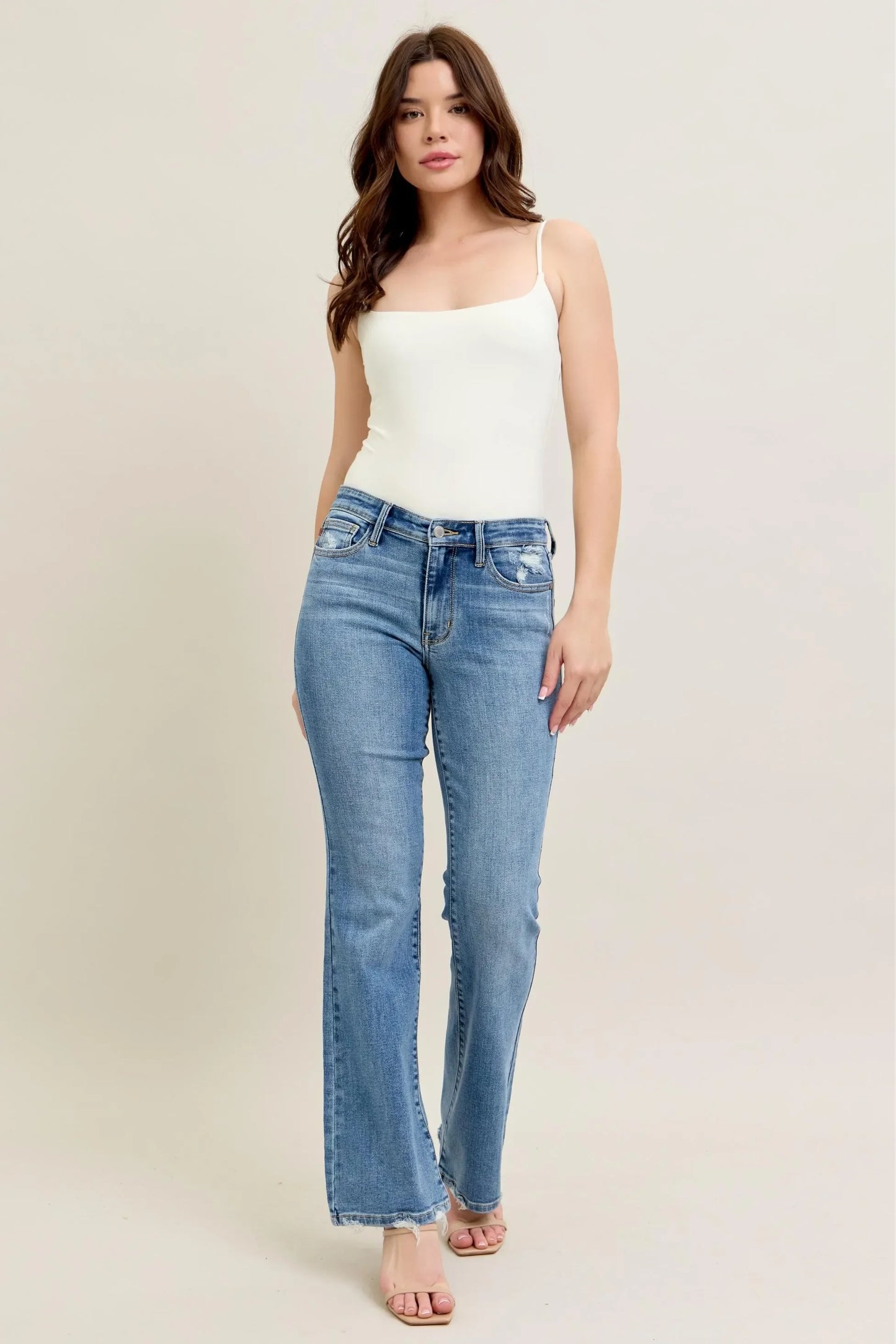 Mid Rise Wash Destroy Hem Bootcut Jeans - Eva's Edition