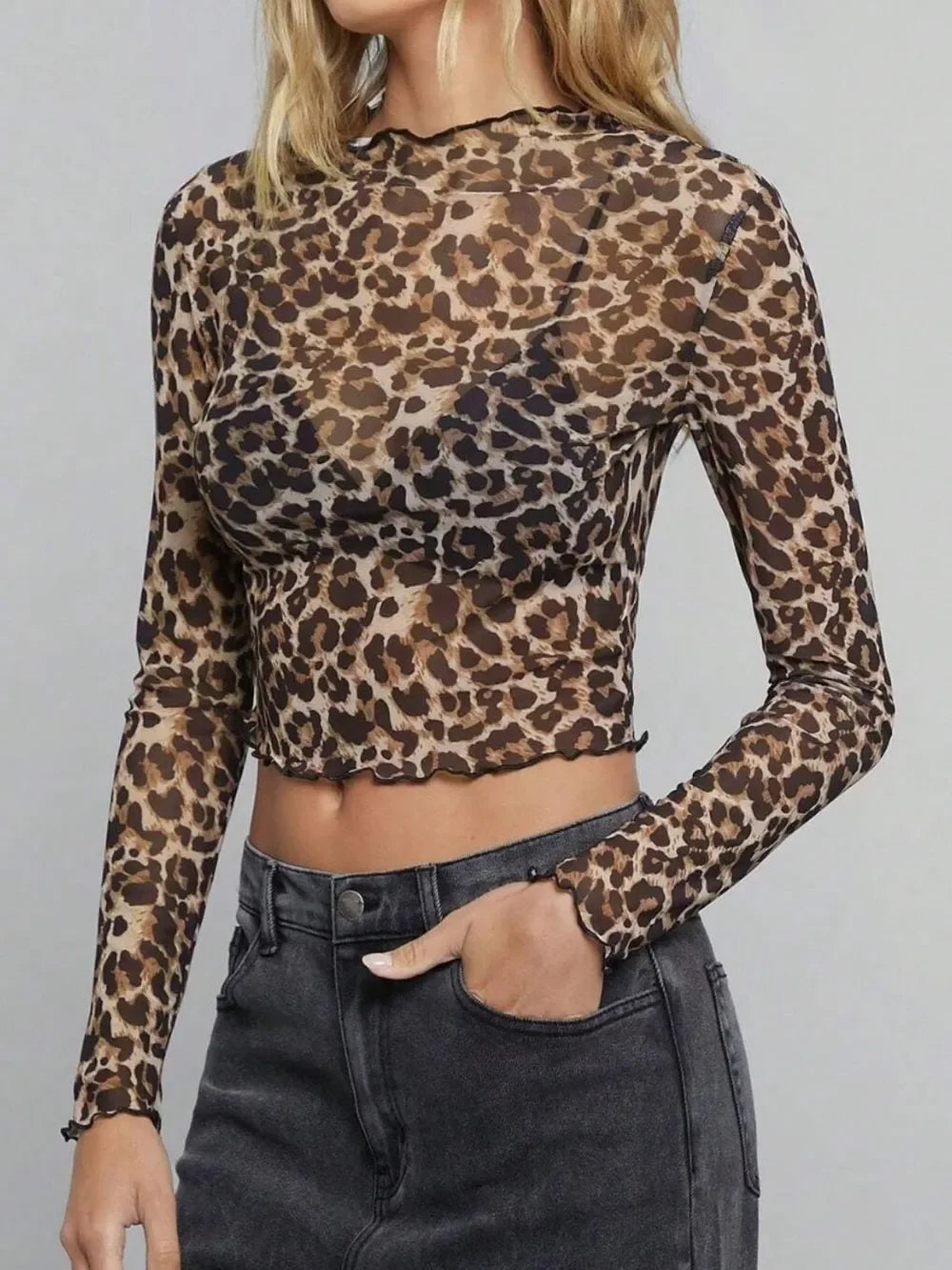 Leopard Mock Neck Long Sleeve Sheer Top - Eva's Edition