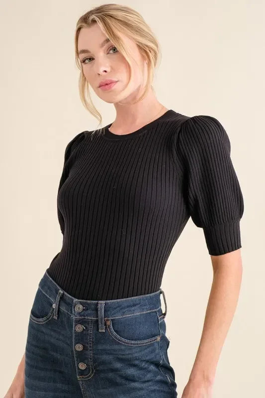 Puffed Half Sleeve Rib Basic Bodysuit - Eva's Edition