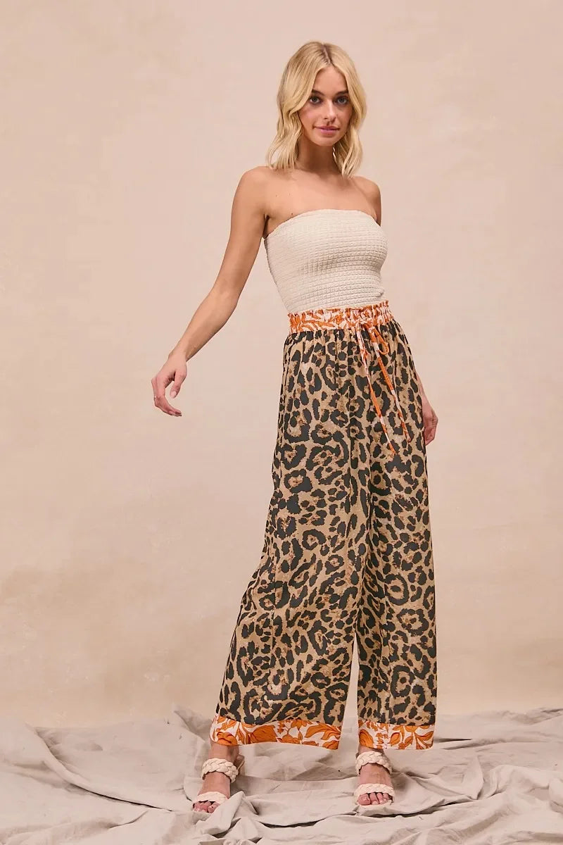 Leopard Print With Contrast Banded Wide Pants - Eva's Edition