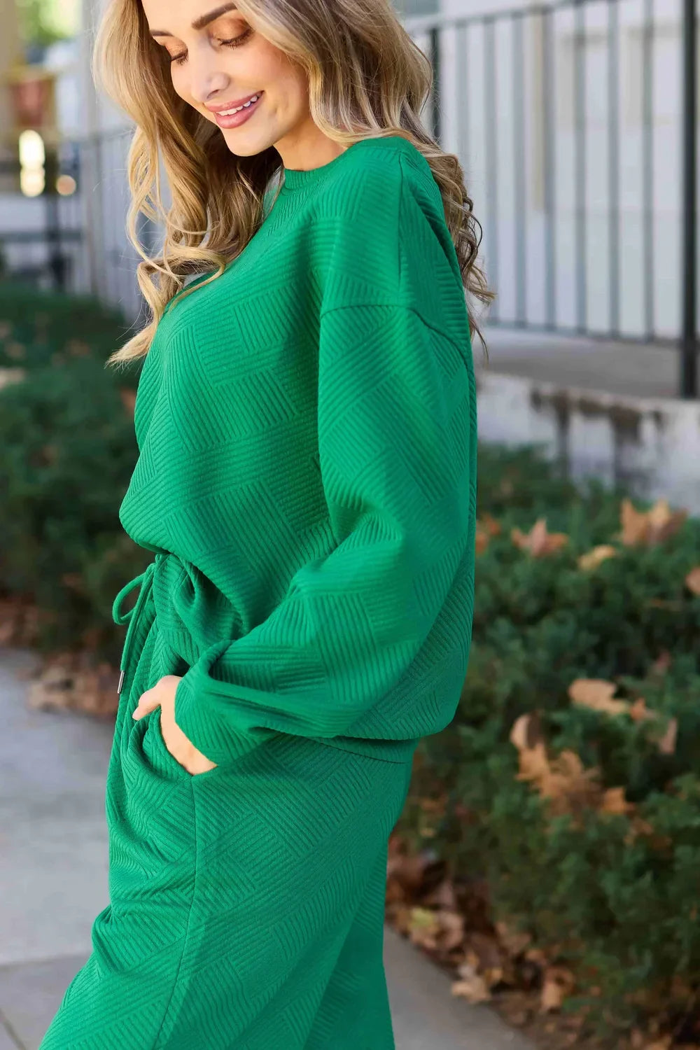 Textured Long Sleeve Top and Drawstring Pants Set - Eva's Edition