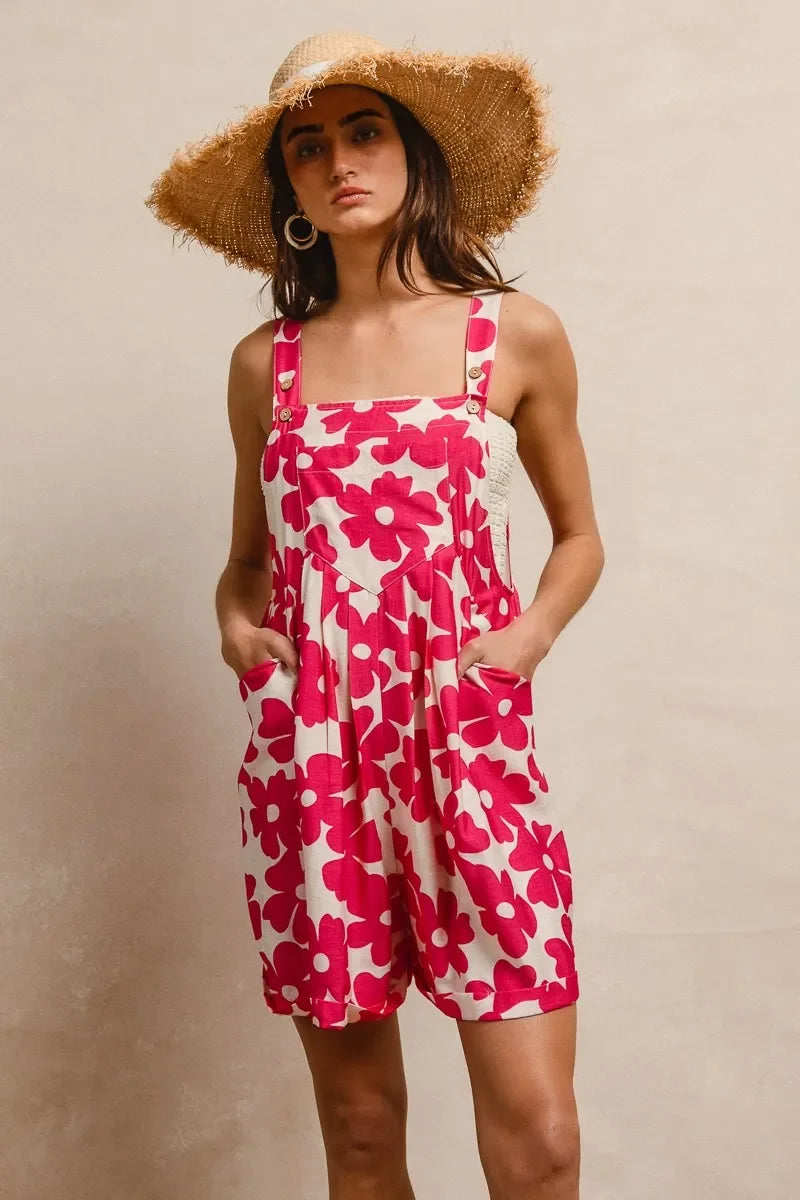 Floral Prints Tuck Detail Short Overall With Pockets - Eva's Edition