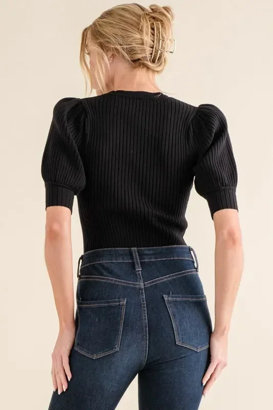 Puffed Half Sleeve Rib Basic Bodysuit - Eva's Edition