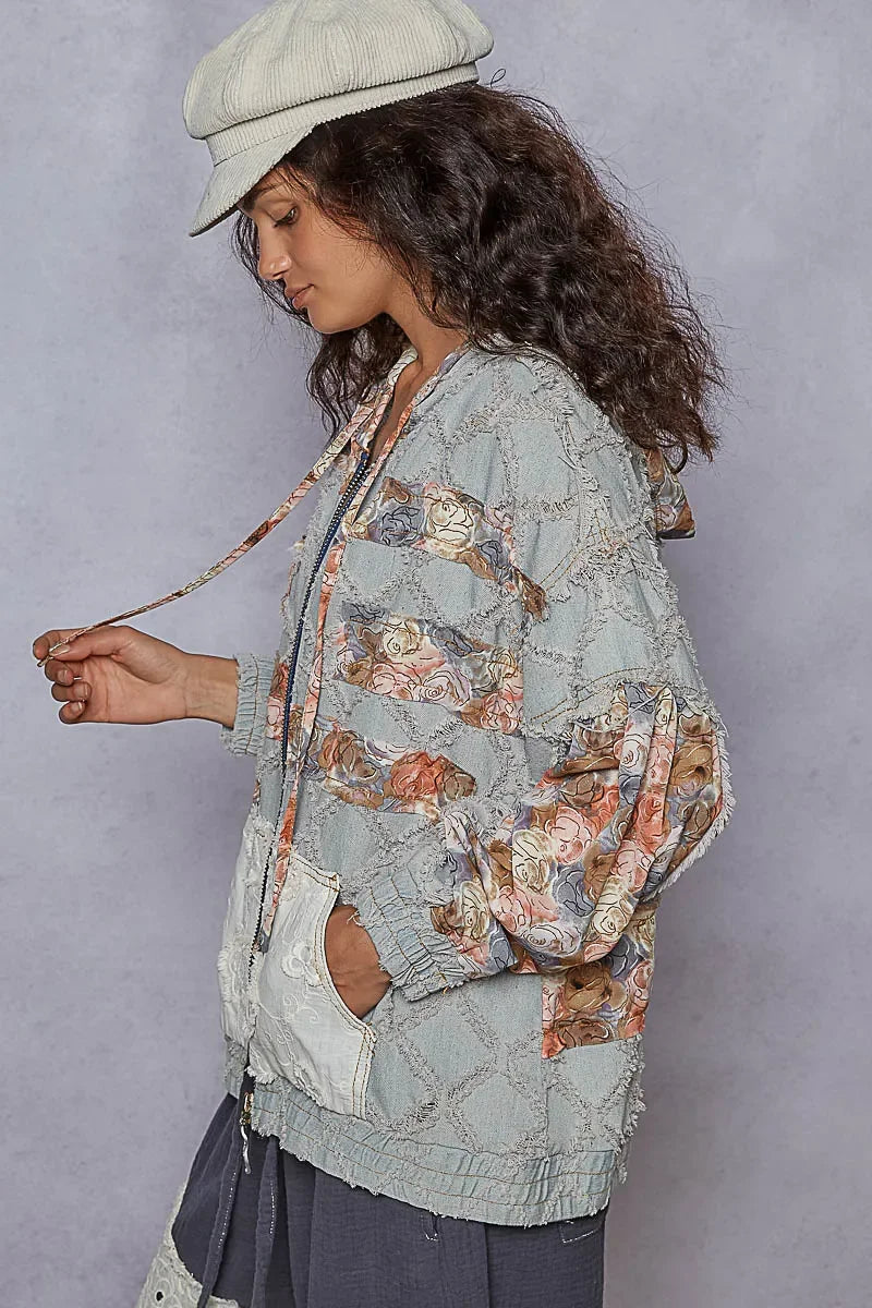 Zip Up Floral and Lace Patch Washed Denim Jacket - Eva's Edition