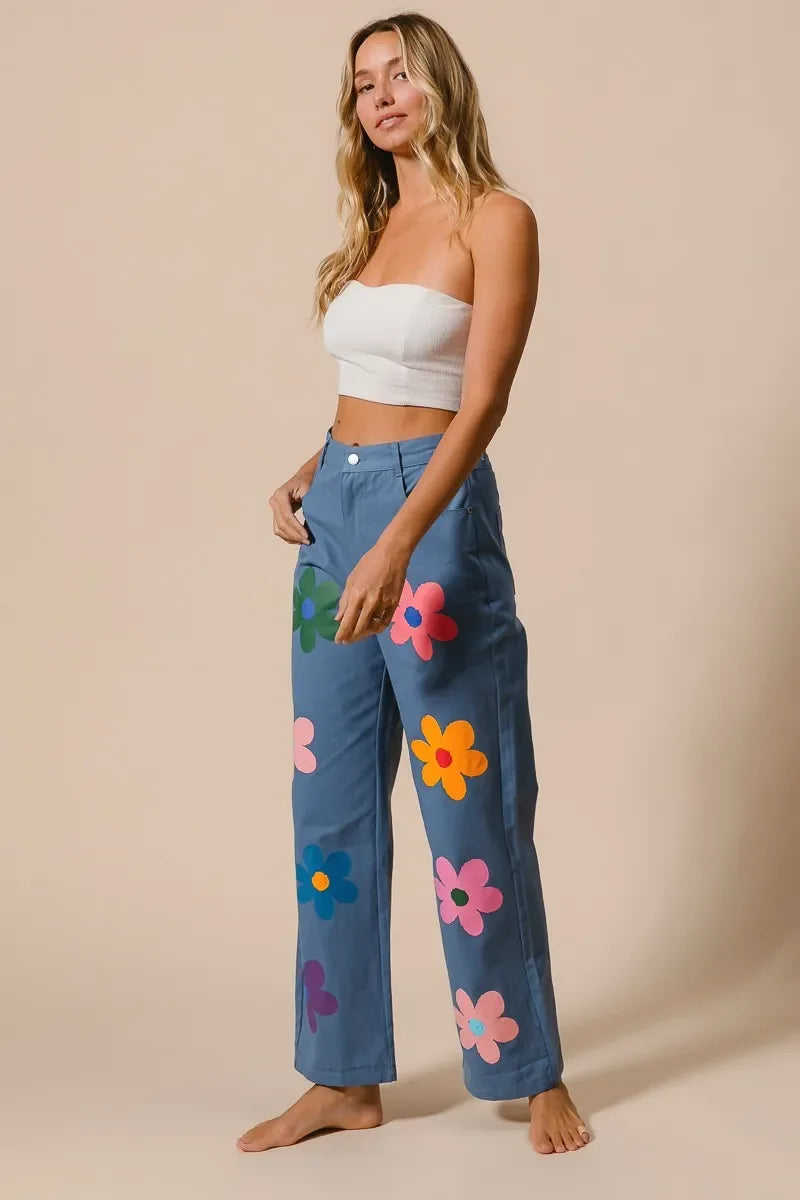 Flower Print Straight Legs Pants - Eva's Edition