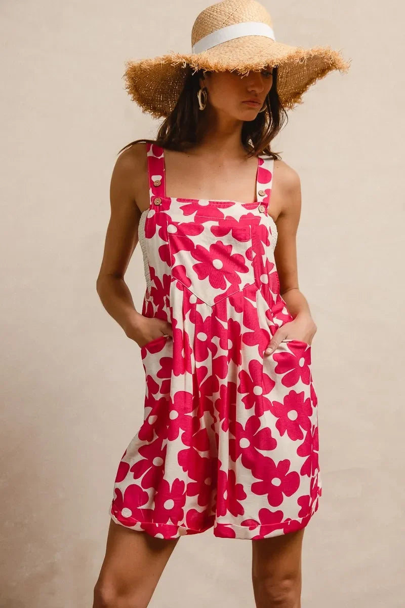 Floral Prints Tuck Detail Short Overall With Pockets - Eva's Edition