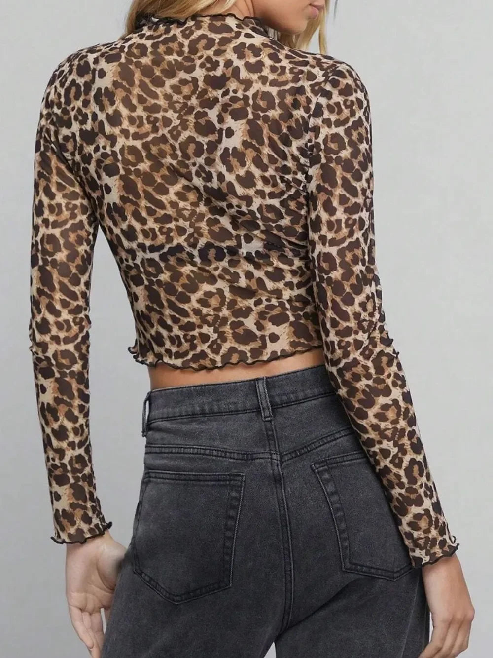 Leopard Mock Neck Long Sleeve Sheer Top - Eva's Edition