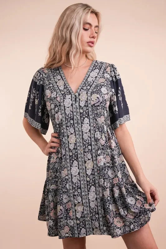 Shirring Detail Printed Woven Mini Dress - Eva's Edition