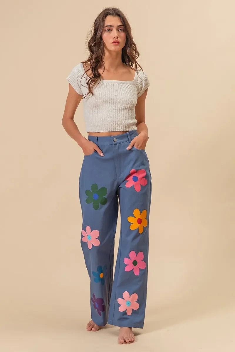 Flower Print Straight Legs Pants - Eva's Edition
