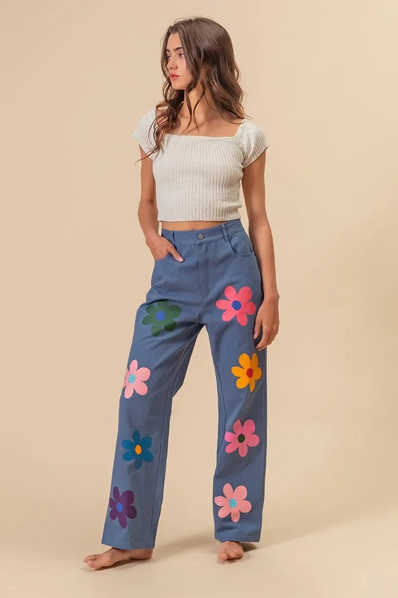 Flower Print Straight Legs Pants - Eva's Edition