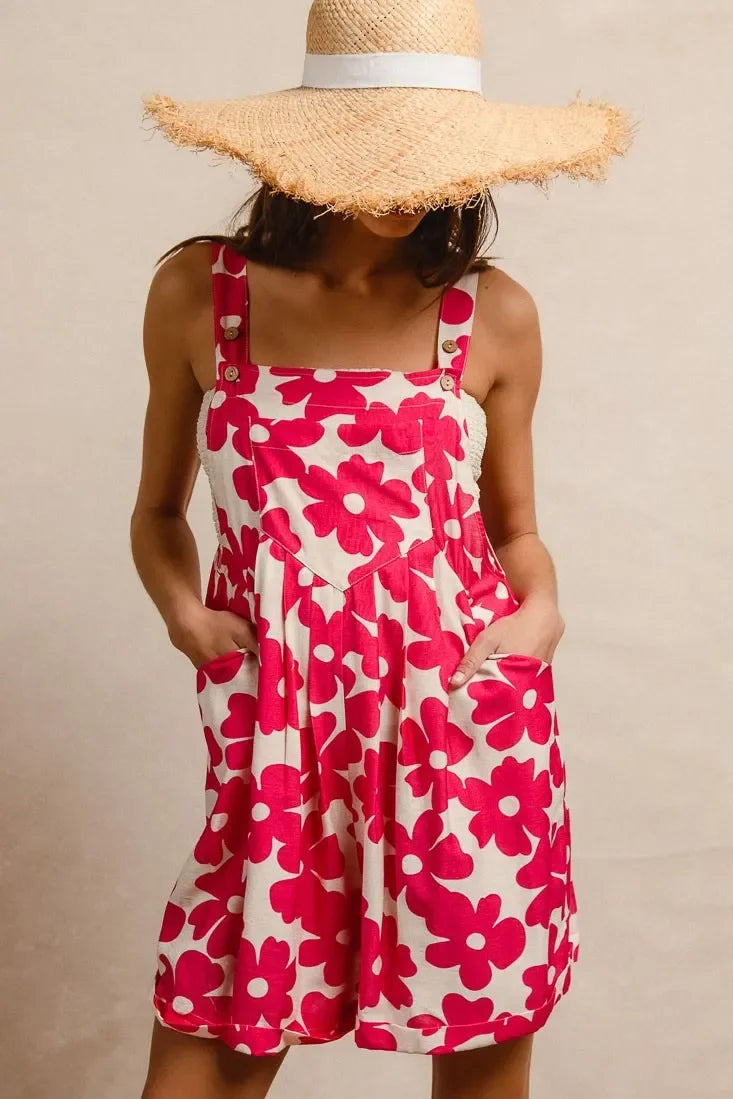Floral Prints Tuck Detail Short Overall With Pockets - Eva's Edition