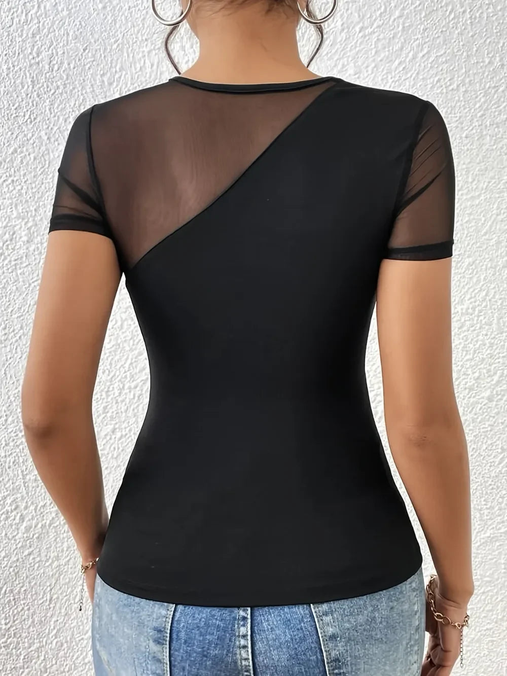 Mesh Patchwork Round Neck Short Sleeve Top - Eva's Edition