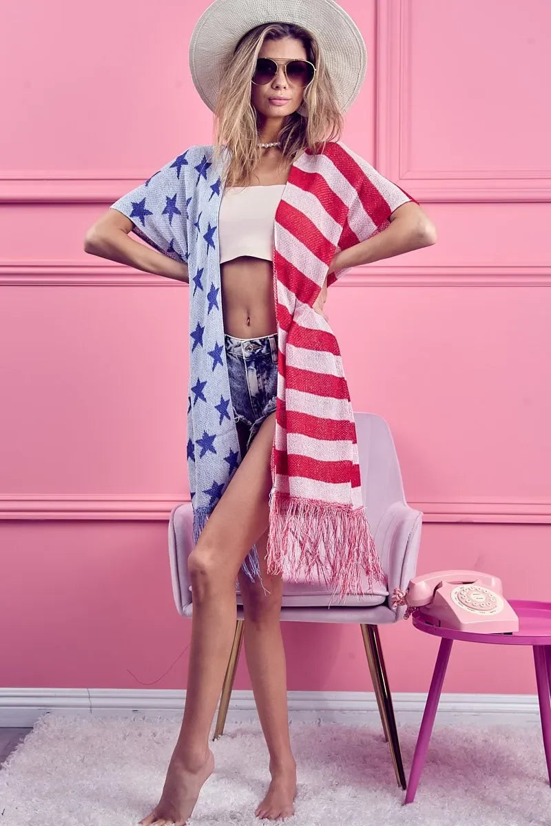 American Flag Theme Fringed Knit Cardigan - Eva's Edition