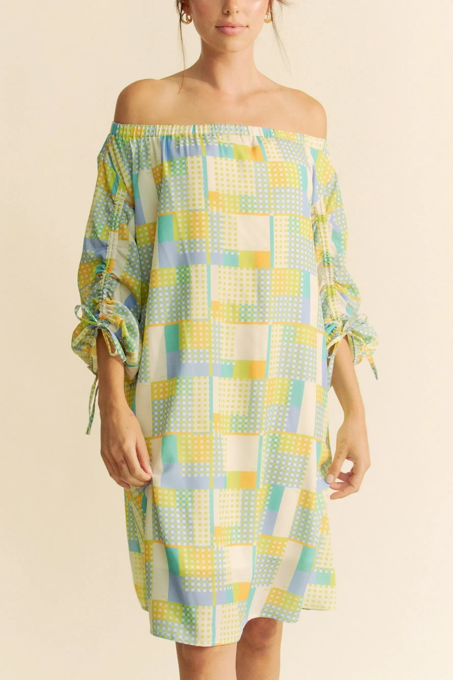 Printed Off Shoulder Drawstring Sleeve Mini Dress - Eva's Edition