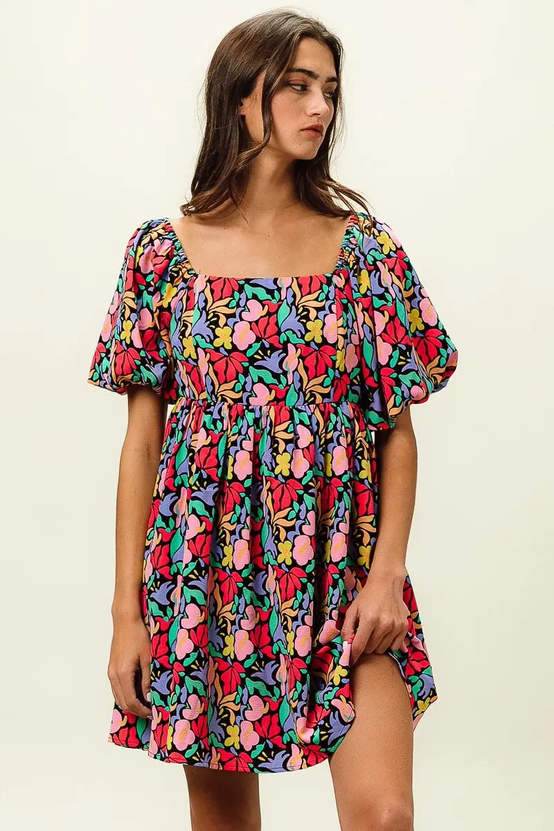 Floral Print Puff Square Neck Dress - Eva's Edition