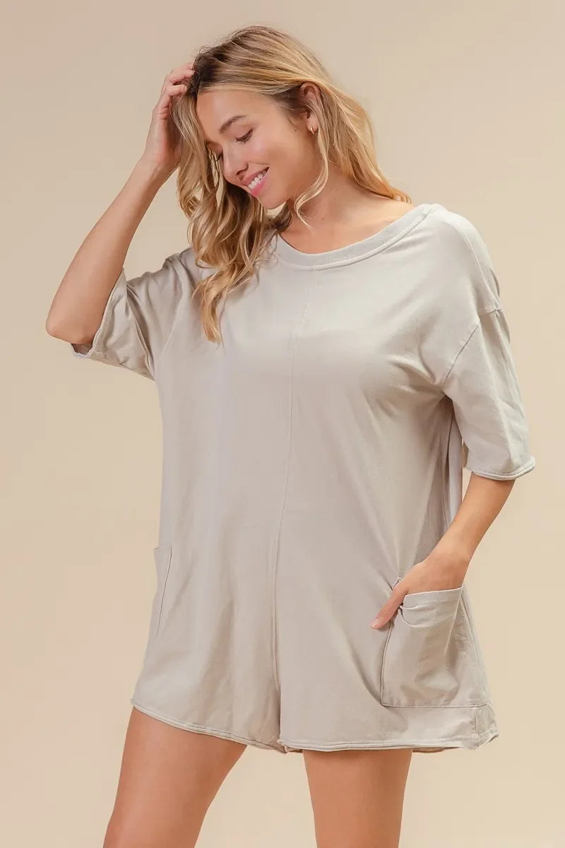 Short Sleeve Back Open Washed Romper - Eva's Edition