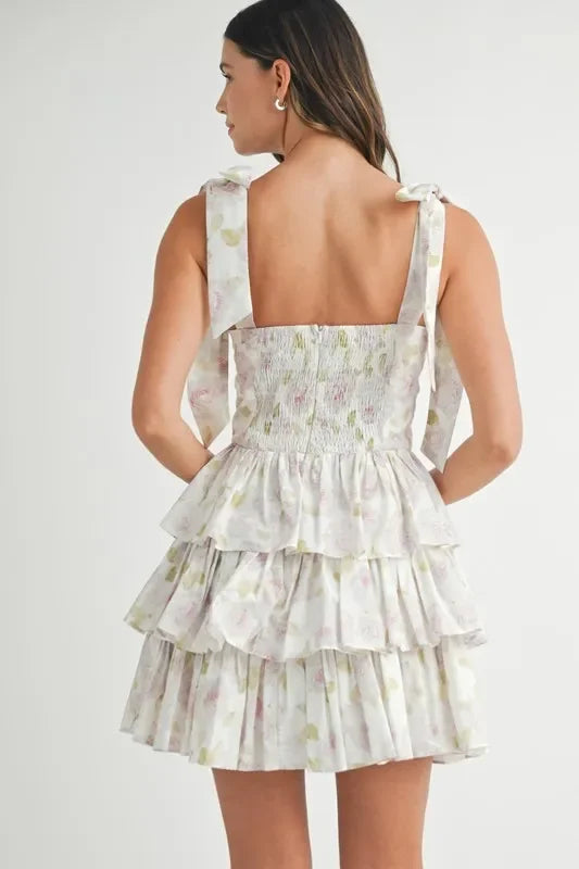Floral Print Shoulder Tie Layered Mini Dress - Eva's Edition
