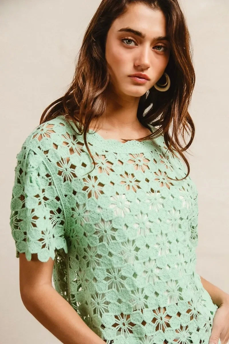 Openwork Crochet Short Sleeve Knit Top - Eva's Edition