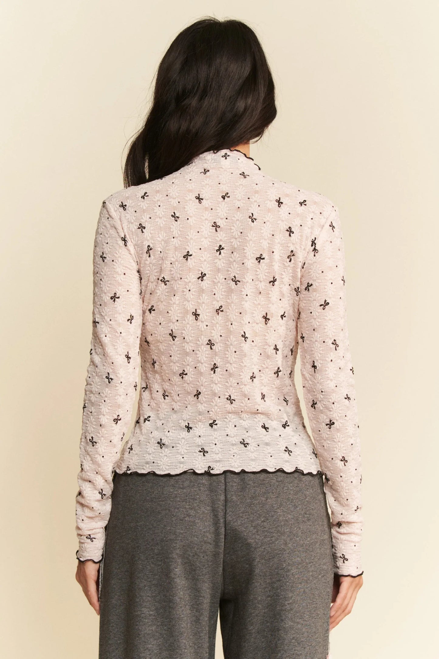 Ribbon Bow Lace Hem Long Sleeve Mesh Layering Top - Eva's Edition