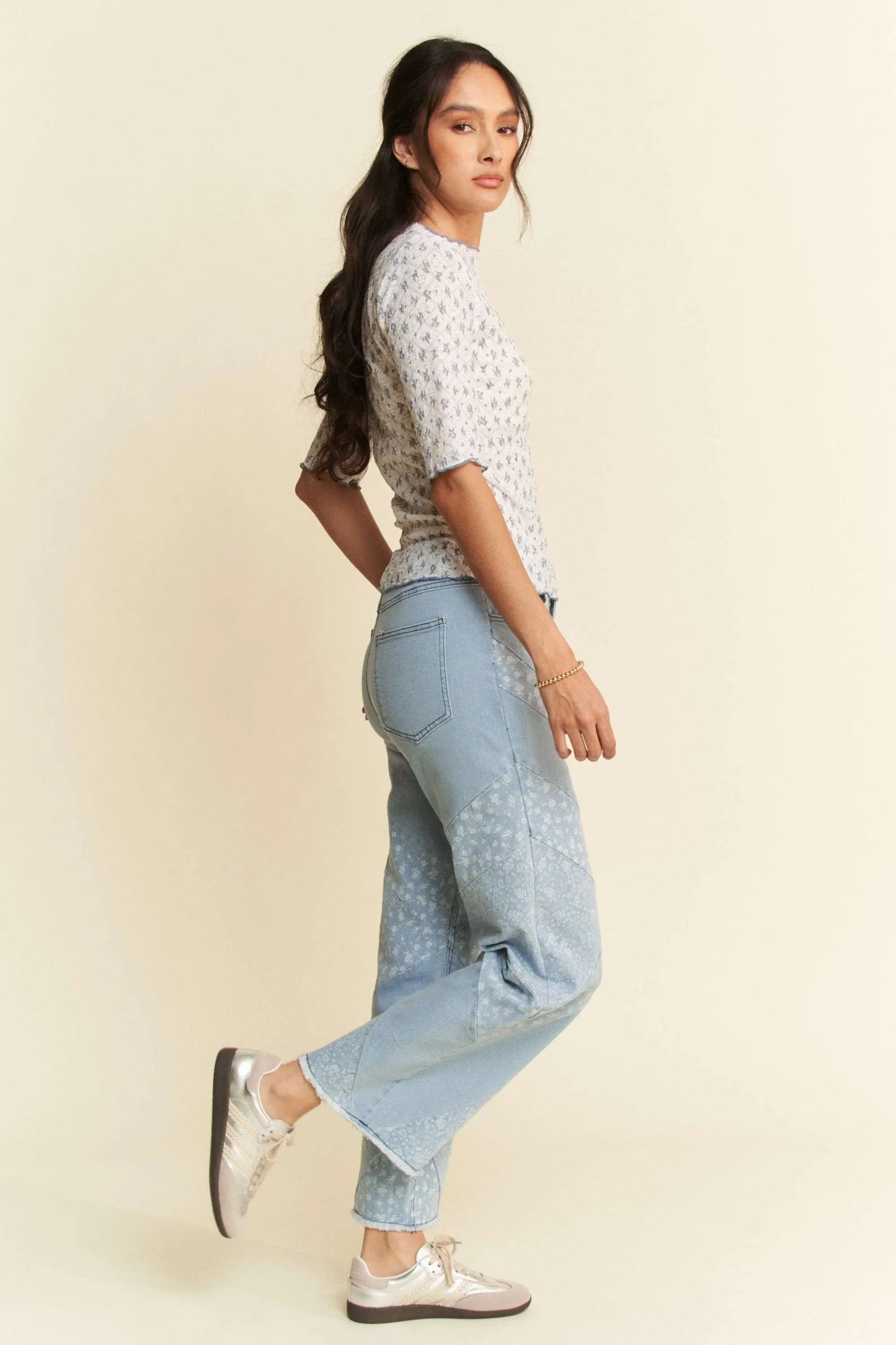Laced Stretch Floral Marrow Edge Half Sleeve Top - Eva's Edition