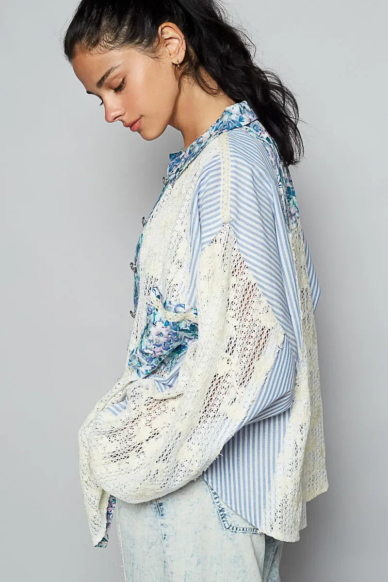 Lace Long Sleeve Shirt with Floral and Striped Pattern - Eva's Edition