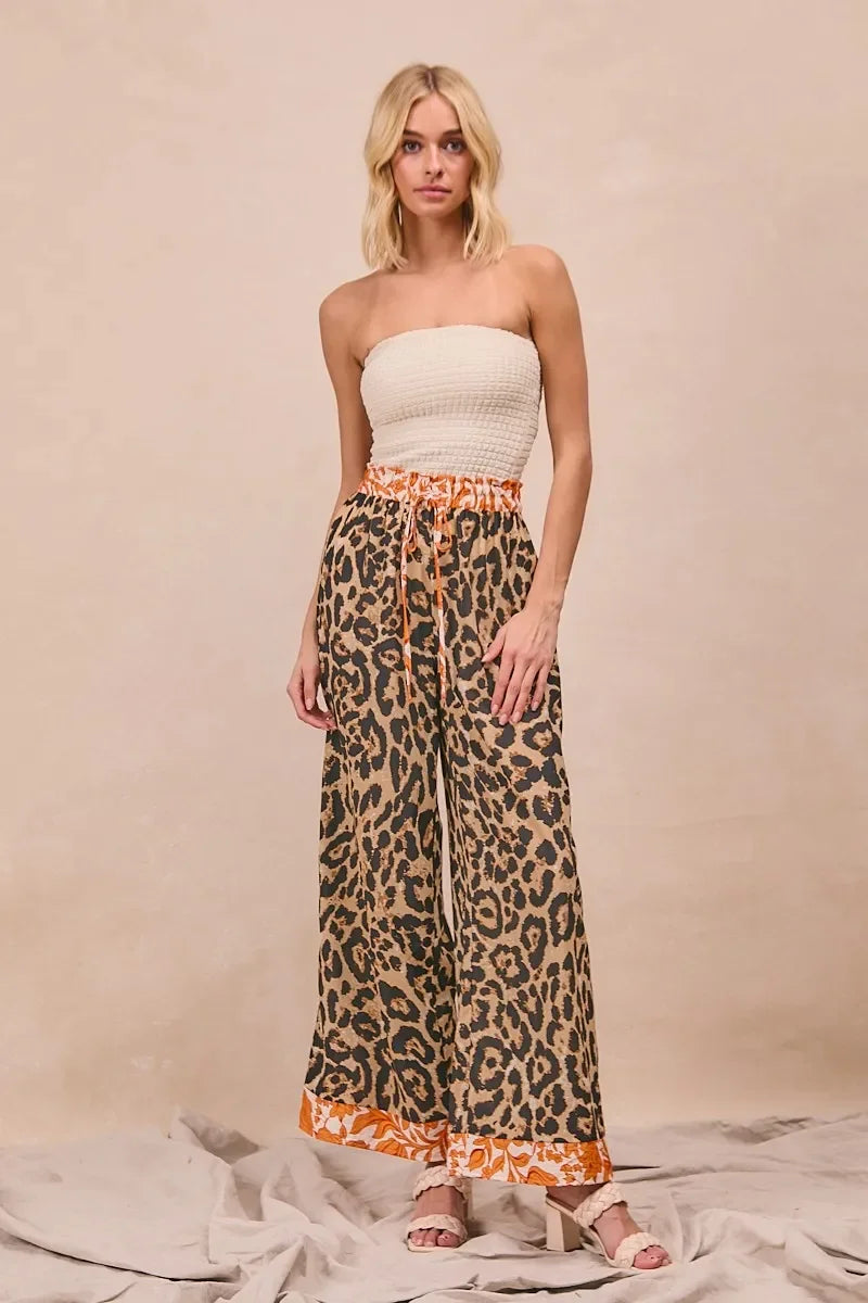 Leopard Print With Contrast Banded Wide Pants - Eva's Edition