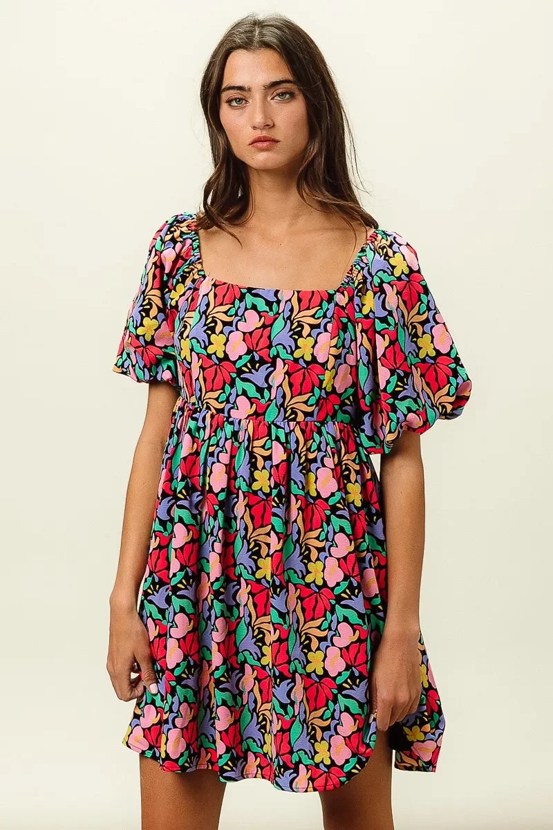 Floral Print Puff Square Neck Dress - Eva's Edition