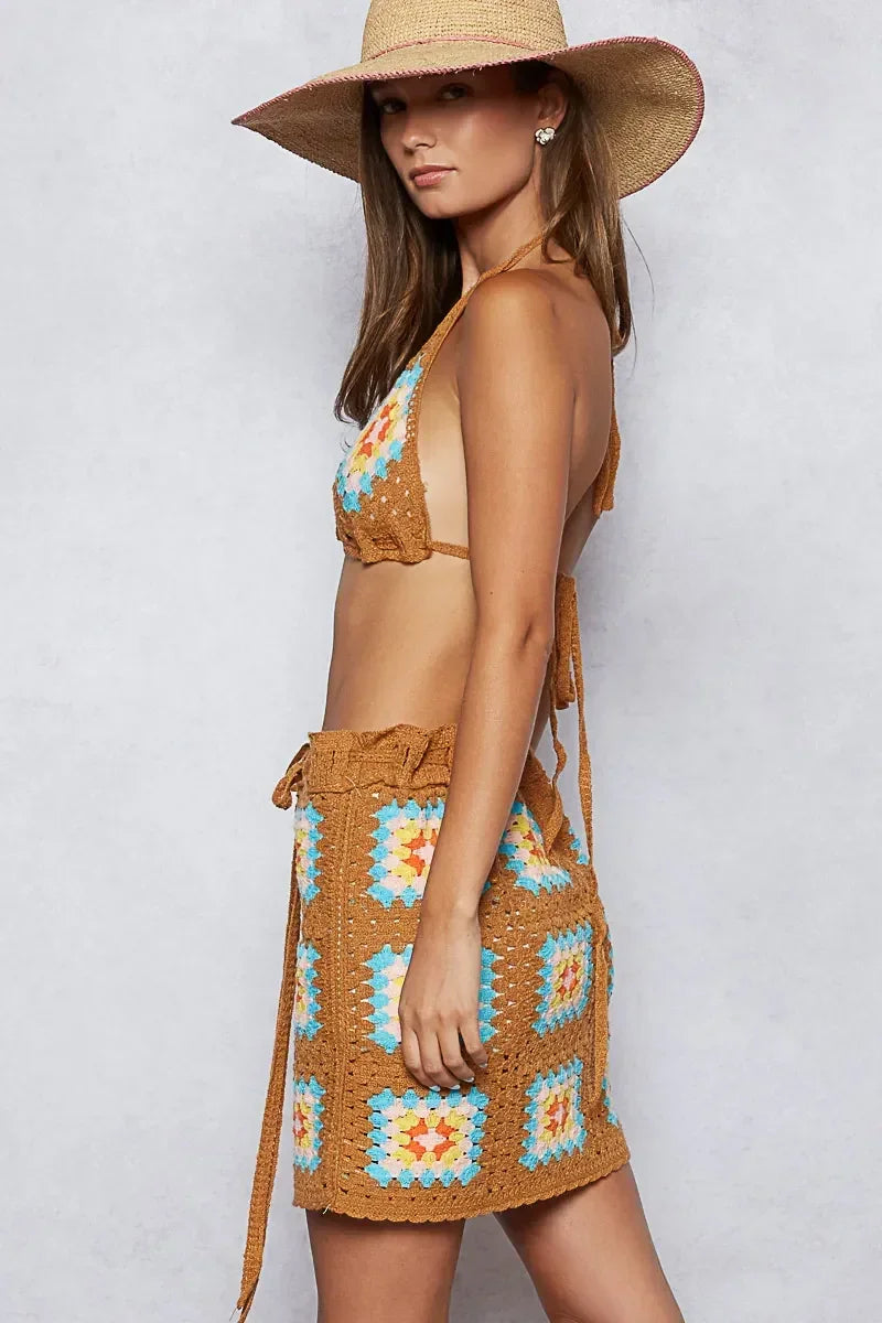 Crochet Halter Neck Cami and Skirt Sweater Set - Eva's Edition