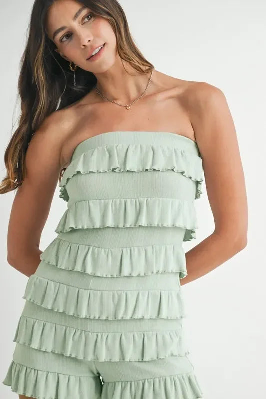 Pointelle Knit Fabric Ruffled Tube Romper - Eva's Edition