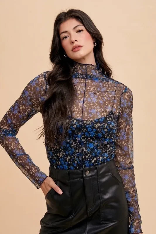 Annie Wear Floral Lettuce Hem Sheer Mesh Top - Eva's Edition