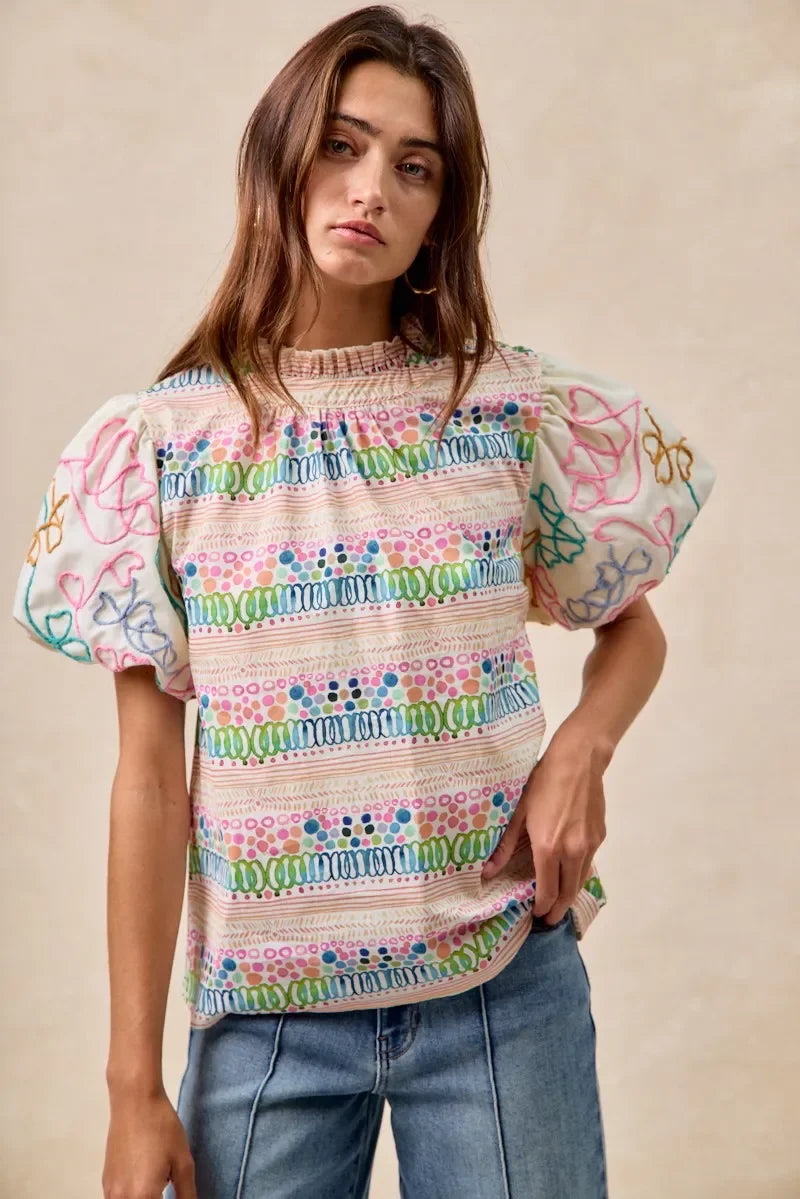 Ruffle Neckline Blouse with Embroidery Bubble Sleeve - Eva's Edition