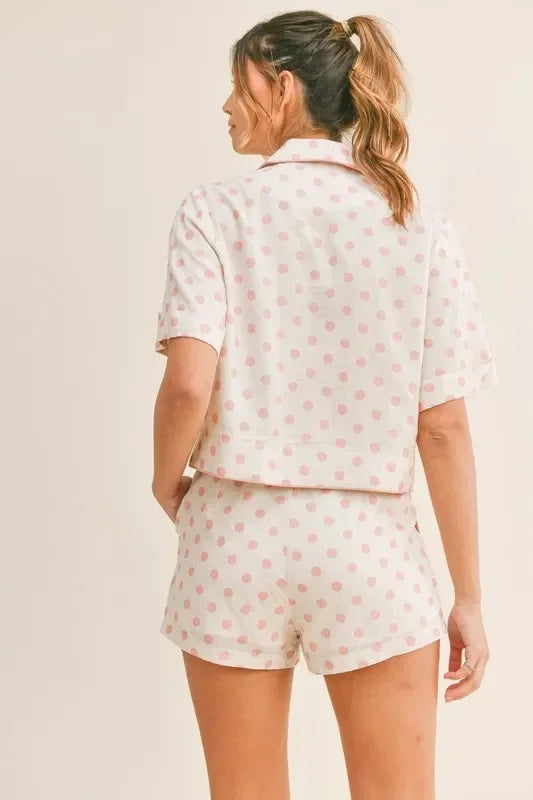 Polka Dot Collar Crop Top and Short Lounge Set - Eva's Edition