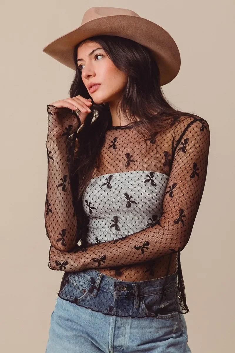 Bow Ribbon Pattern Sheer Lace Top - Eva's Edition