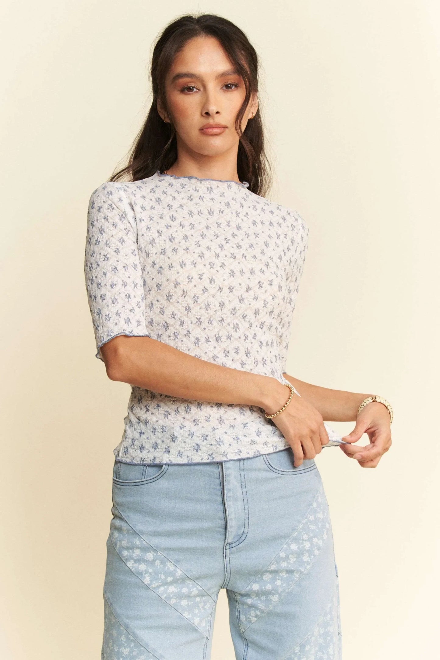 Laced Stretch Floral Marrow Edge Half Sleeve Top - Eva's Edition