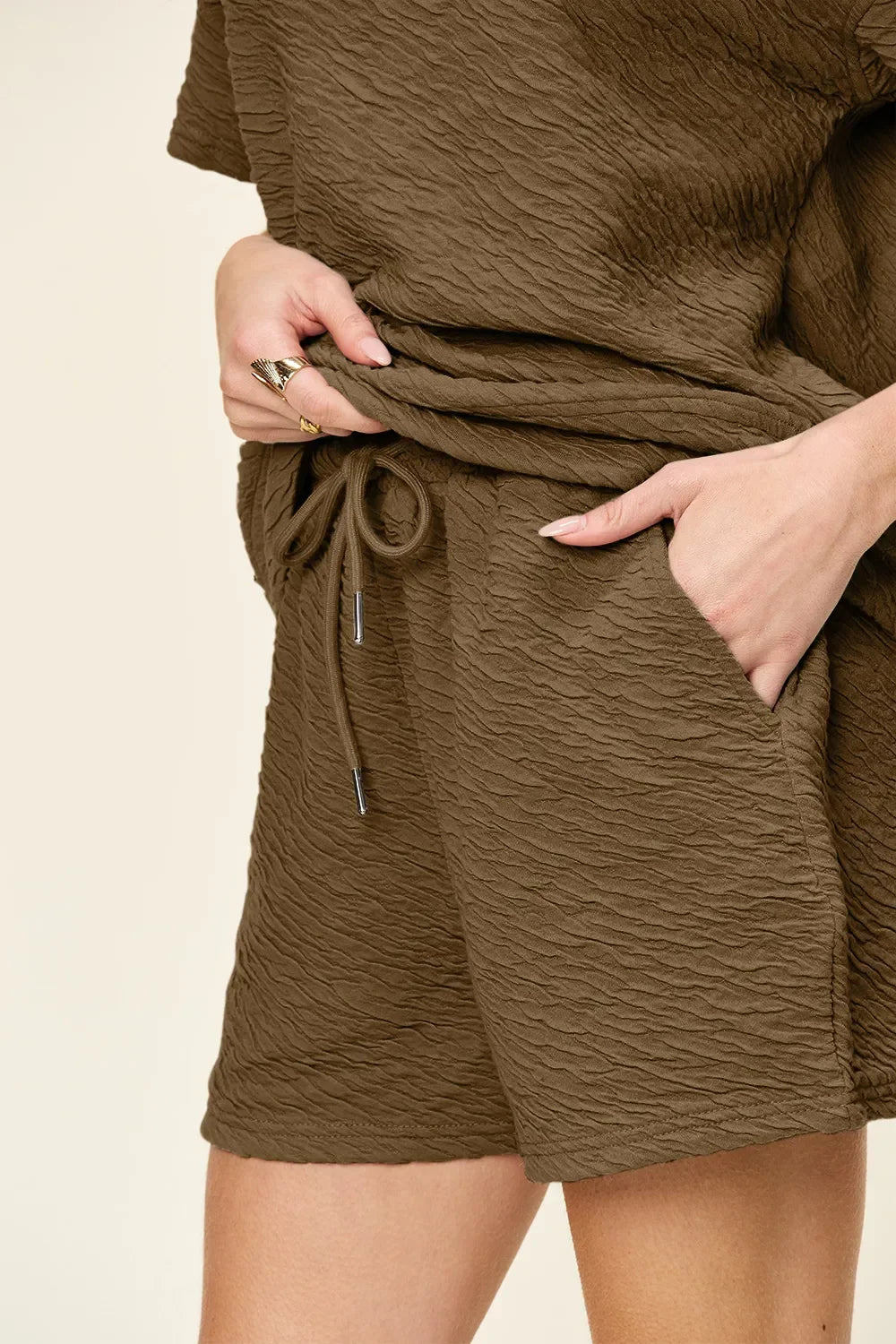 Textured Short Sleeve T-Shirt and Drawstring Shorts Set - Eva's Edition