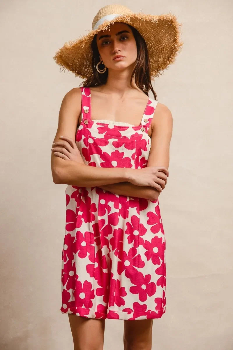 Floral Prints Tuck Detail Short Overall With Pockets - Eva's Edition