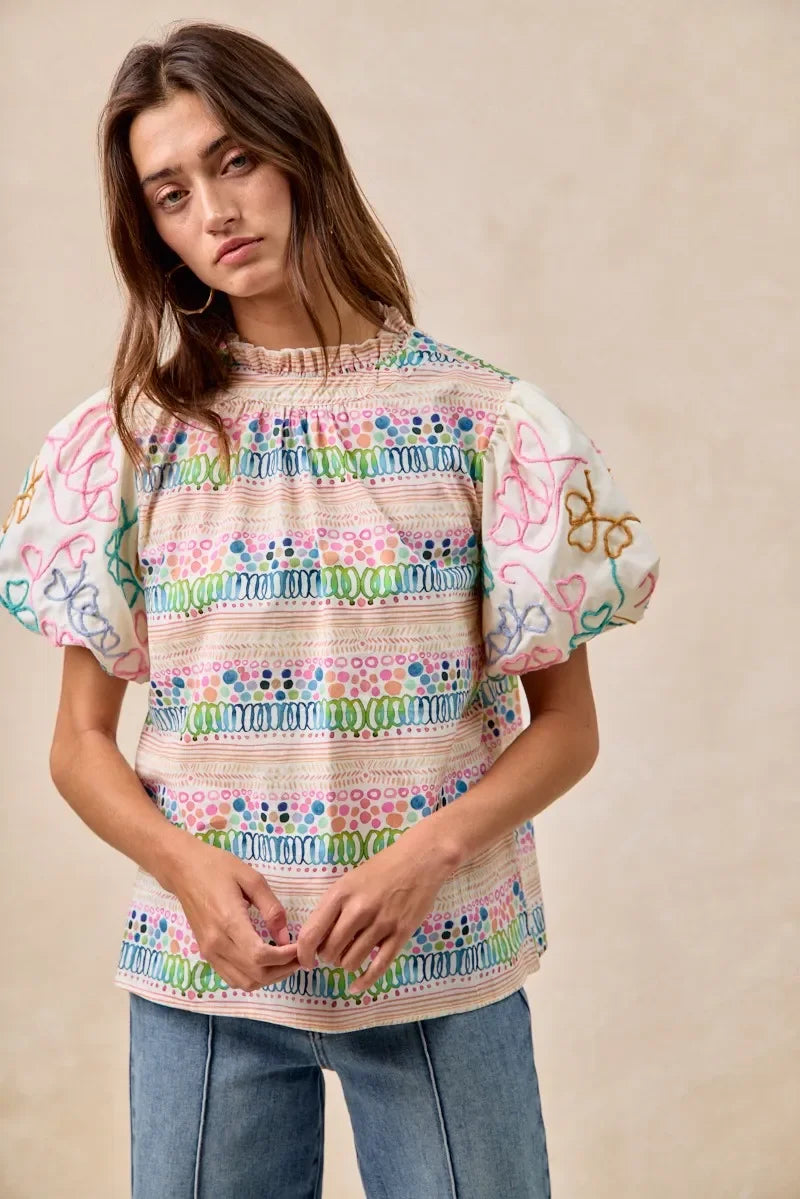 Ruffle Neckline Blouse with Embroidery Bubble Sleeve - Eva's Edition