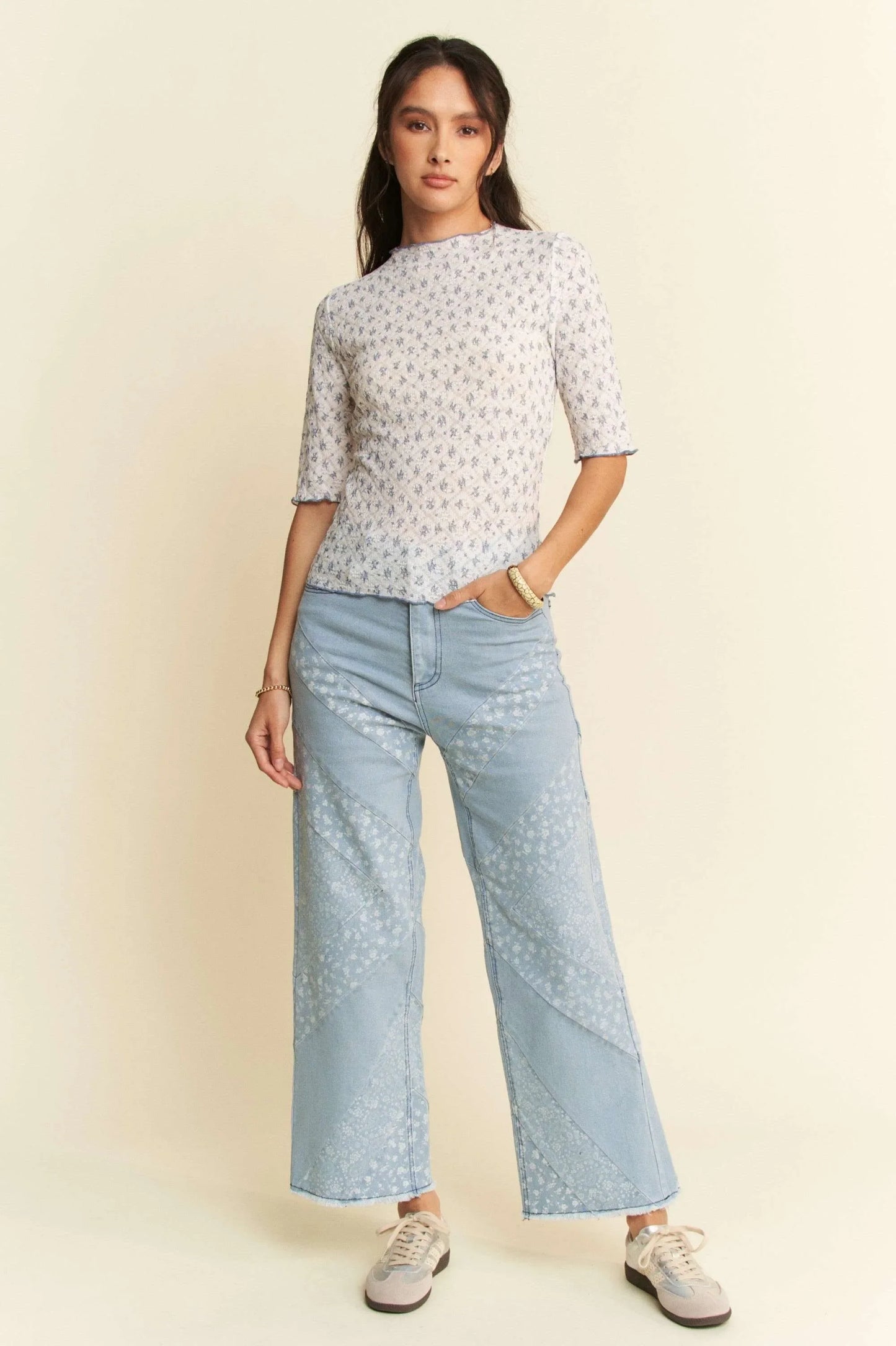Laced Stretch Floral Marrow Edge Half Sleeve Top - Eva's Edition