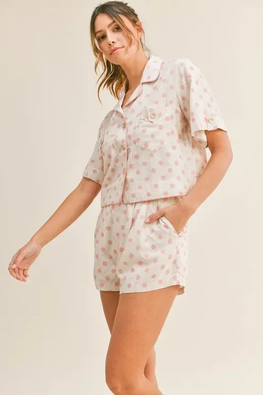 Polka Dot Collar Crop Top and Short Lounge Set - Eva's Edition