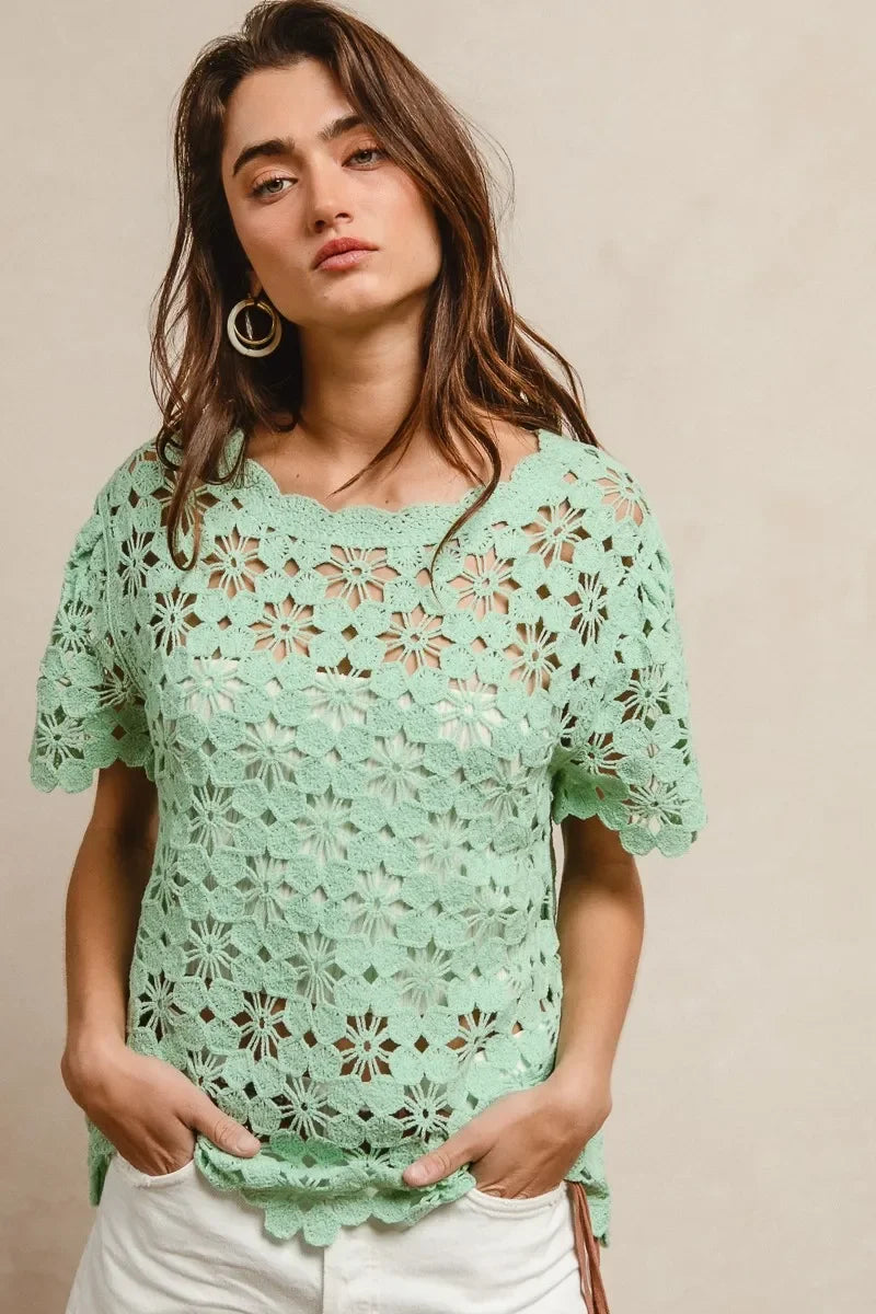 Openwork Crochet Short Sleeve Knit Top - Eva's Edition