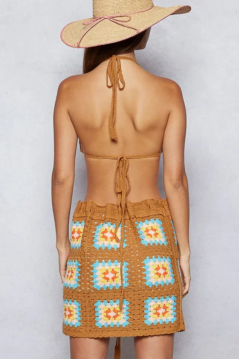 Crochet Halter Neck Cami and Skirt Sweater Set - Eva's Edition
