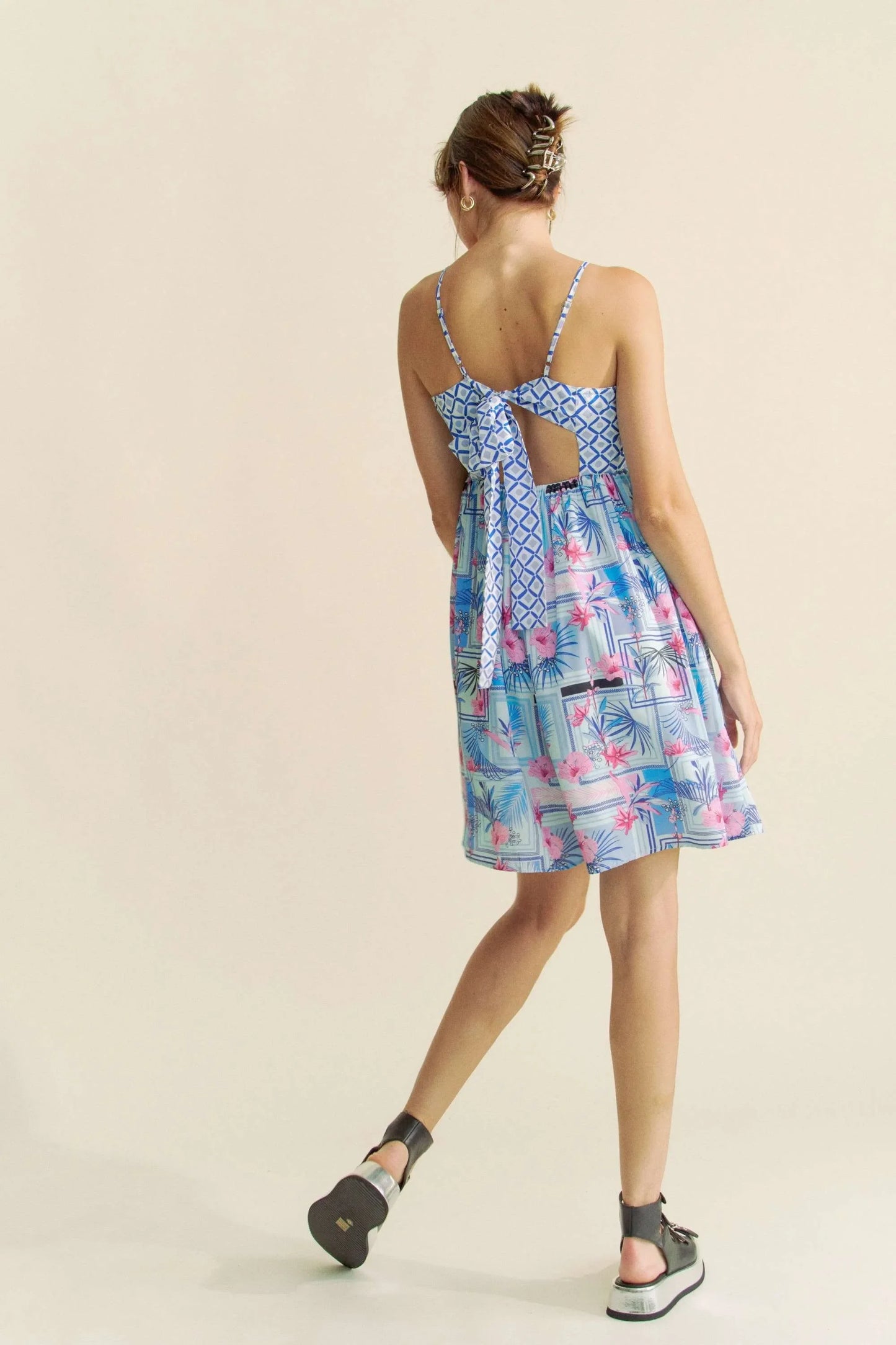 Tropical Floral Geo Print Tie Back Tube Top Romper - Eva's Edition