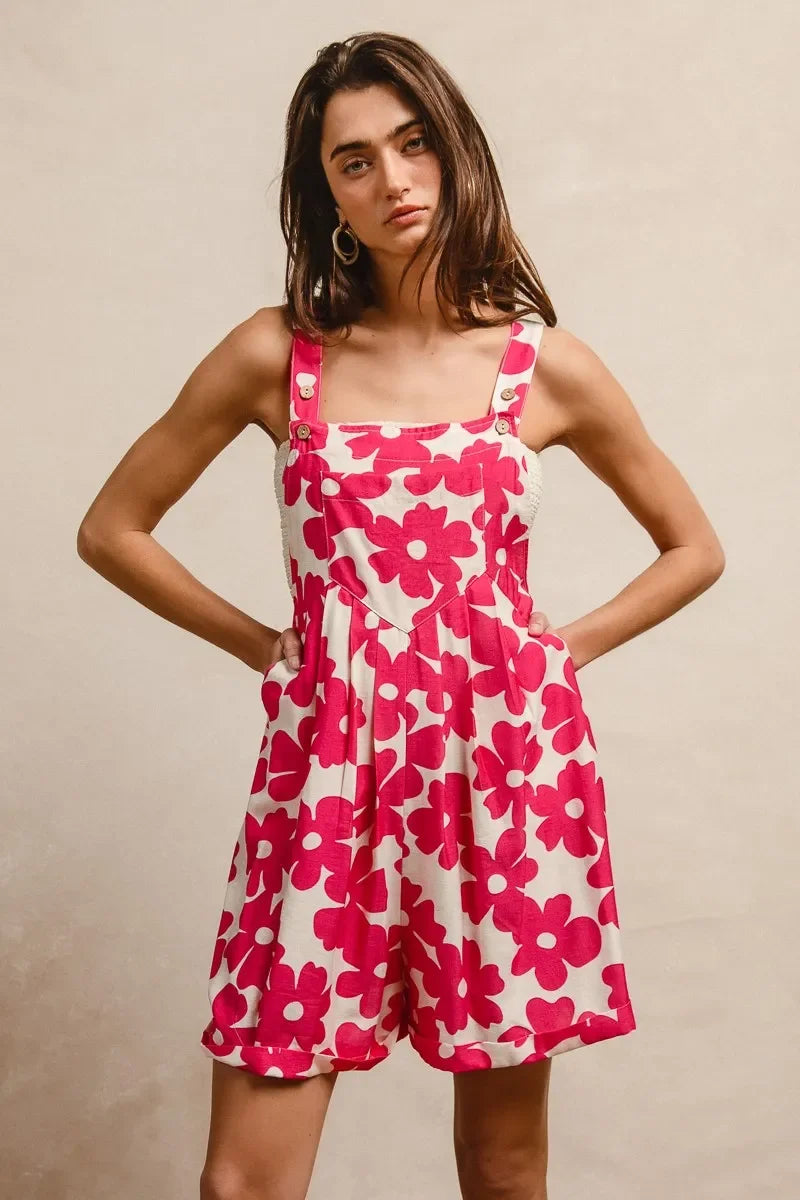 Floral Prints Tuck Detail Short Overall With Pockets - Eva's Edition