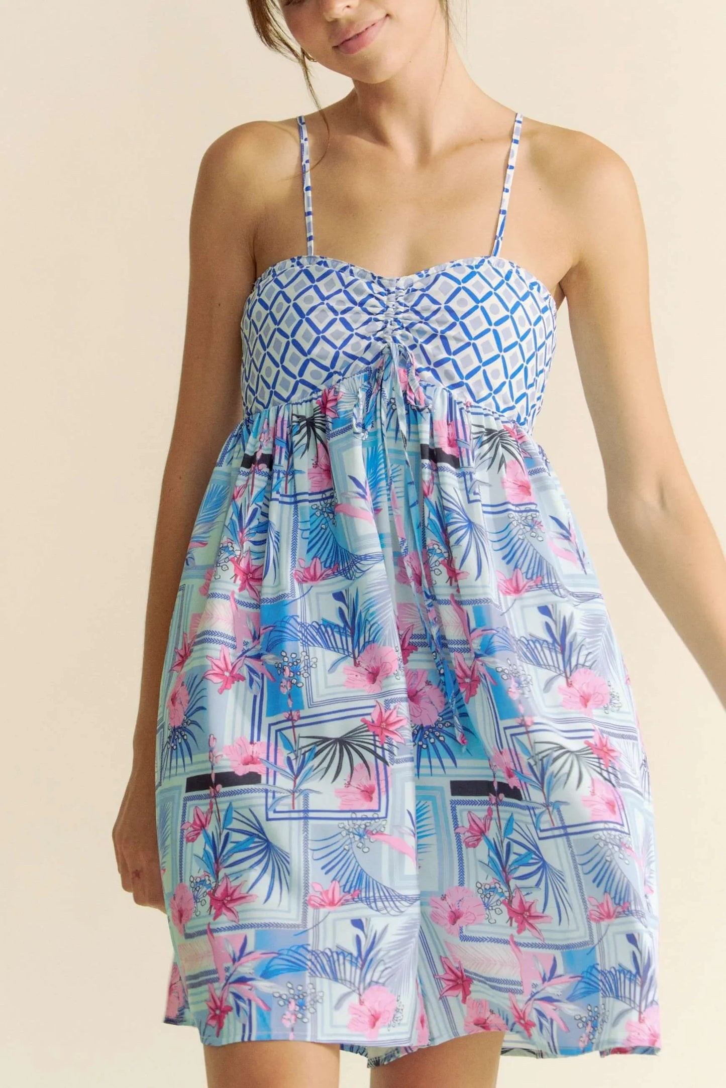 Tropical Floral Geo Print Tie Back Tube Top Romper - Eva's Edition
