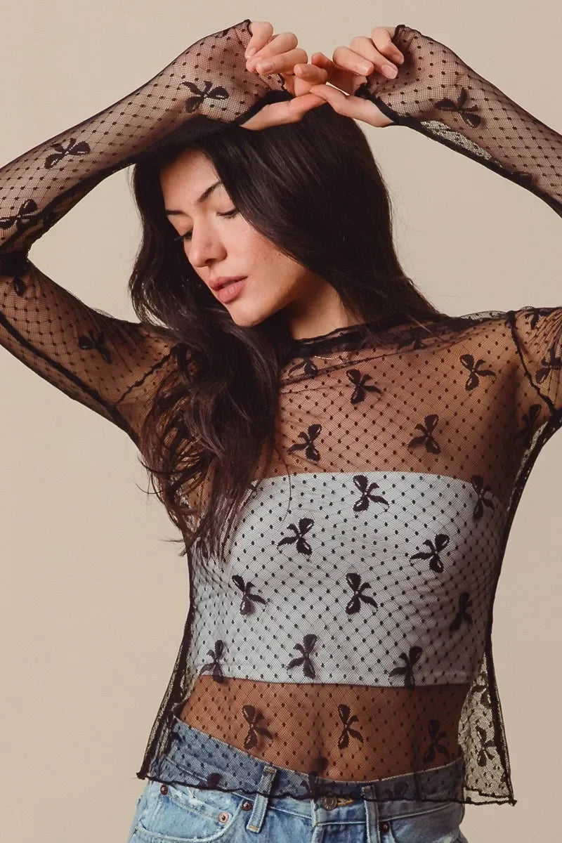 Bow Ribbon Pattern Sheer Lace Top - Eva's Edition
