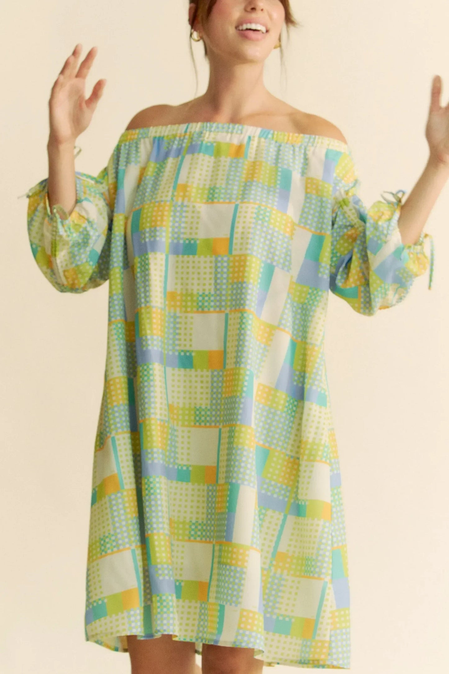 Printed Off Shoulder Drawstring Sleeve Mini Dress - Eva's Edition