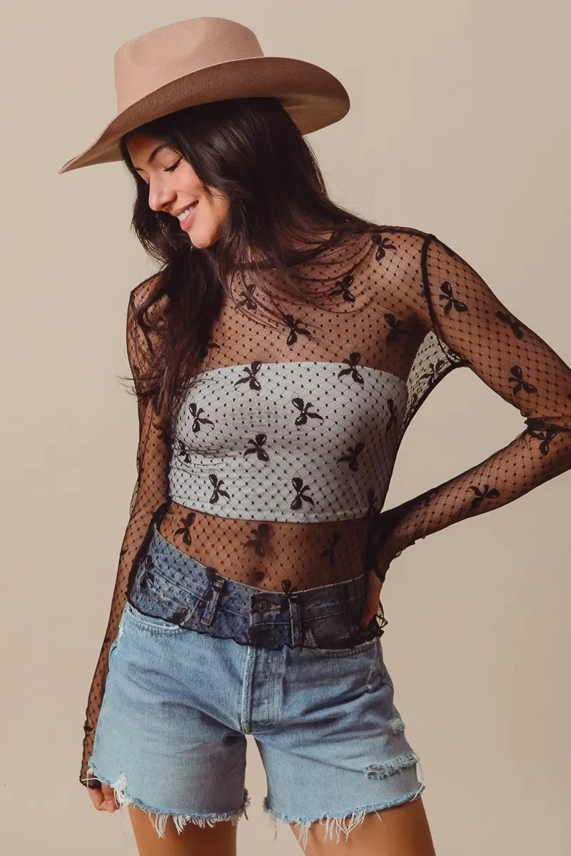 Bow Ribbon Pattern Sheer Lace Top - Eva's Edition
