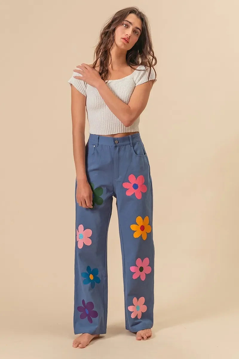 Flower Print Straight Legs Pants - Eva's Edition